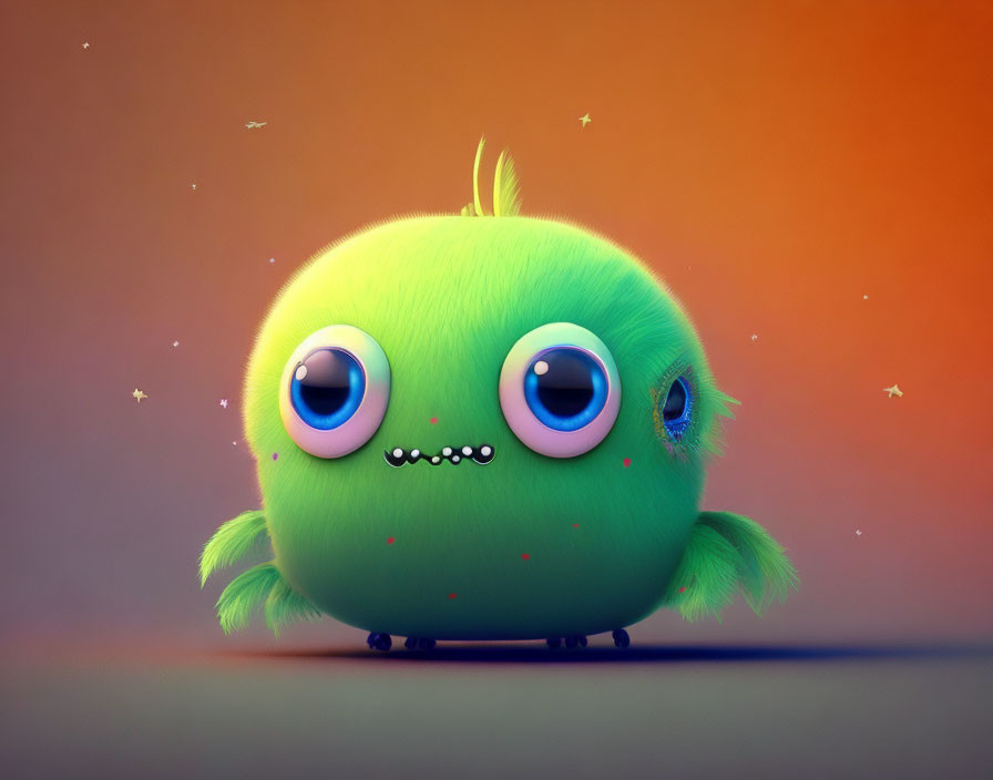 Fluffy green cartoon creature with blue eyes on orange background