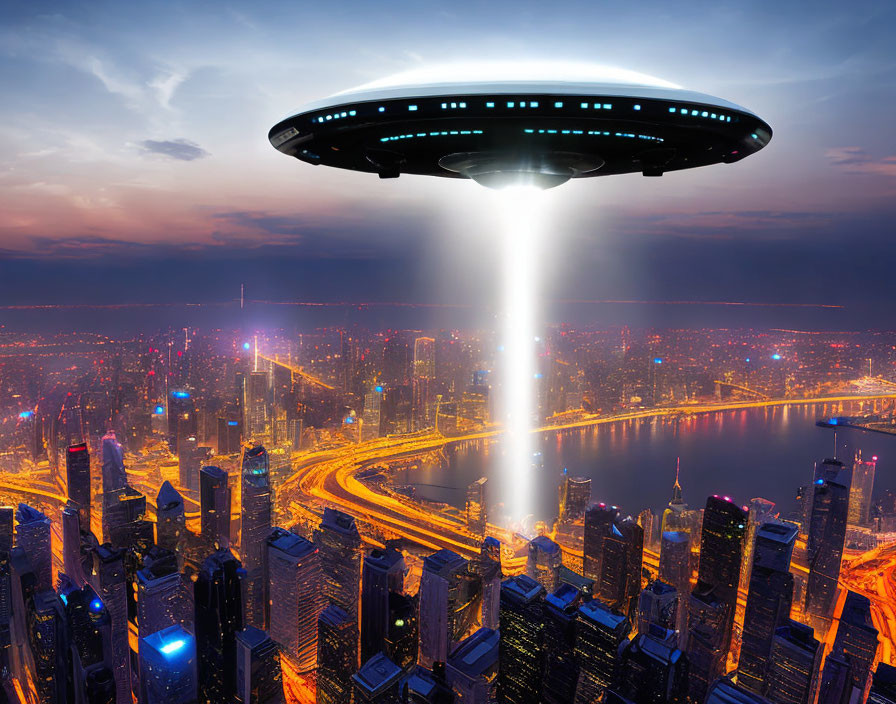 Mysterious UFO emits beam over illuminated cityscape