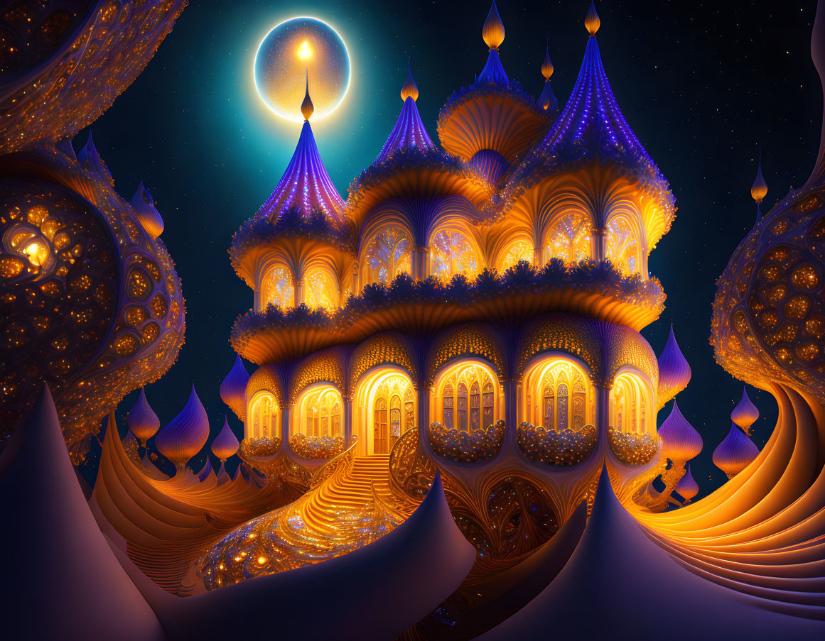 Glowing palace with domed roofs under starry night sky