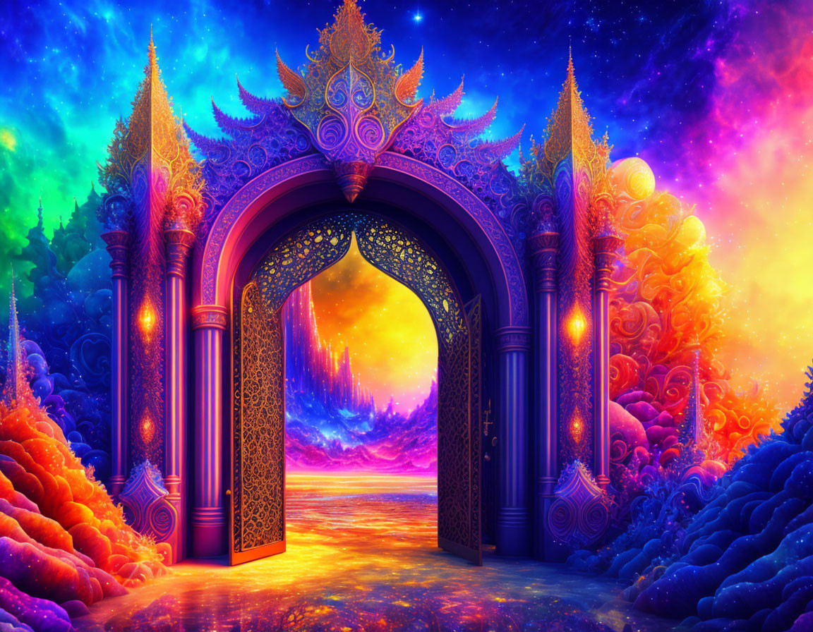 Ornate open gateway to vibrant, mystical landscape