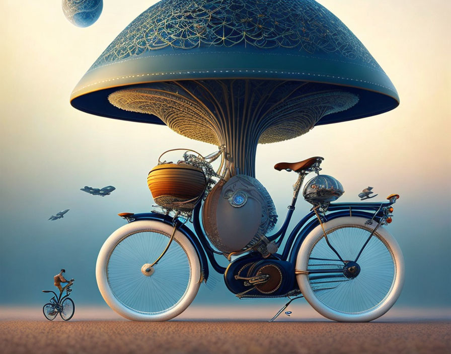 Fantastical image: Intricate mushroom, vintage bicycle, planets, flying fish