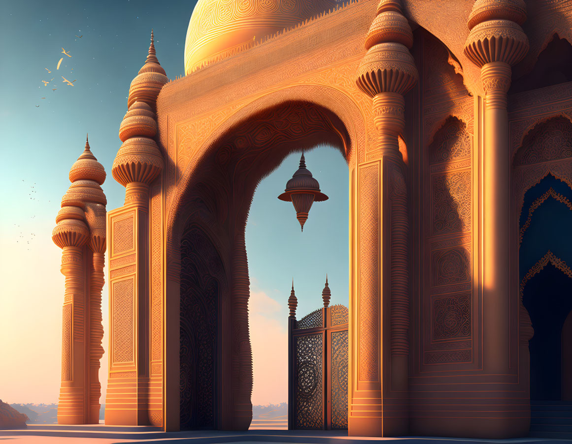 Fantastical Arabic-inspired palace with ornate archways and floating lamp at dusk