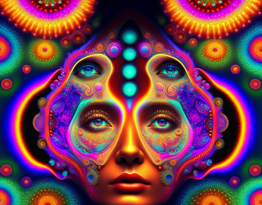 Symmetrical psychedelic face art with vivid colors & intricate patterns