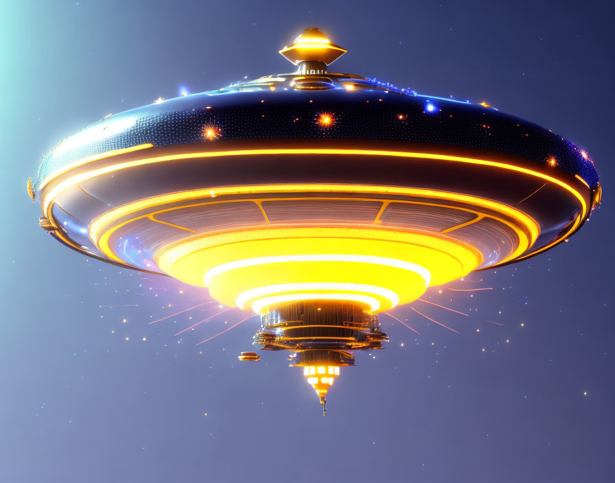 Futuristic illuminated UFO with yellow and orange lights in night sky