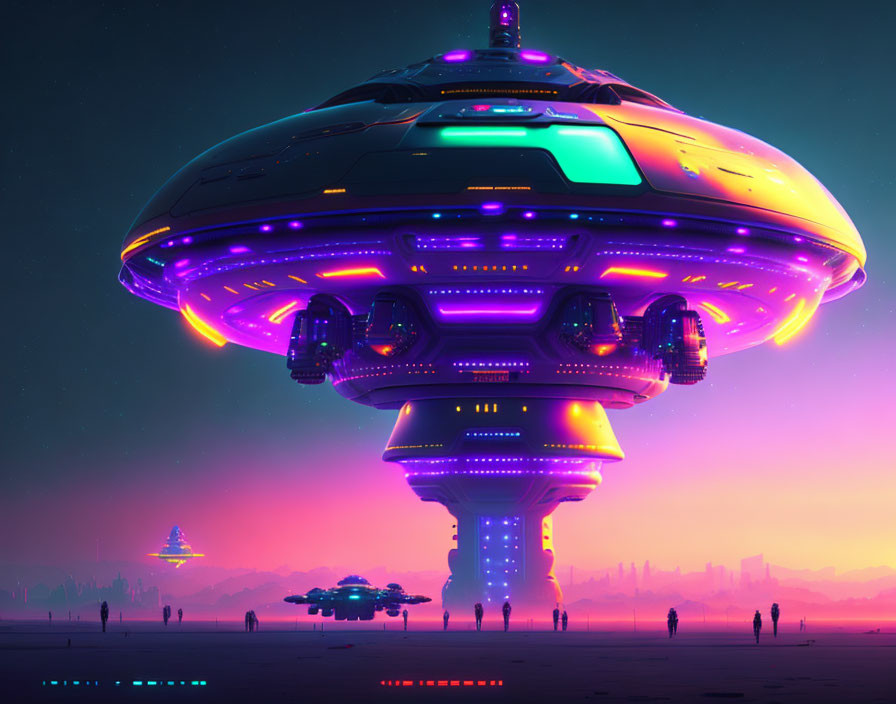 Alien spaceships illuminated in neon lights over a desert at dusk
