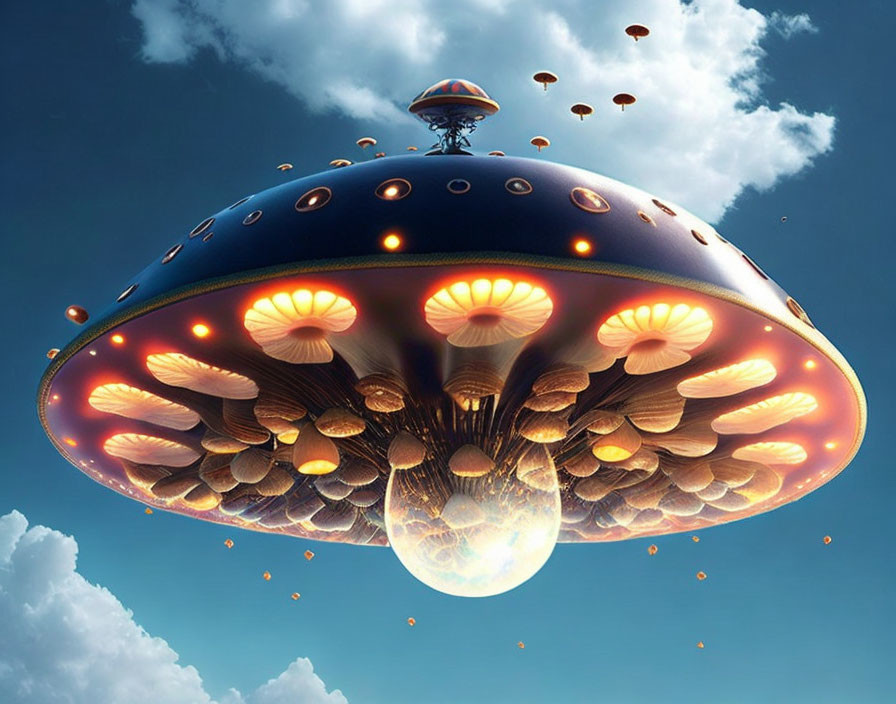 Detailed UFO with yellow-orange lights under blue sky
