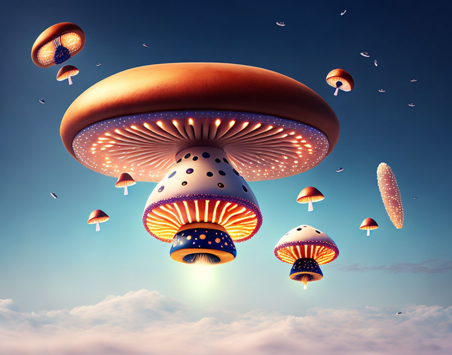 Fantasy surreal scene with glowing mushroom-shaped structures in cloudy sky.