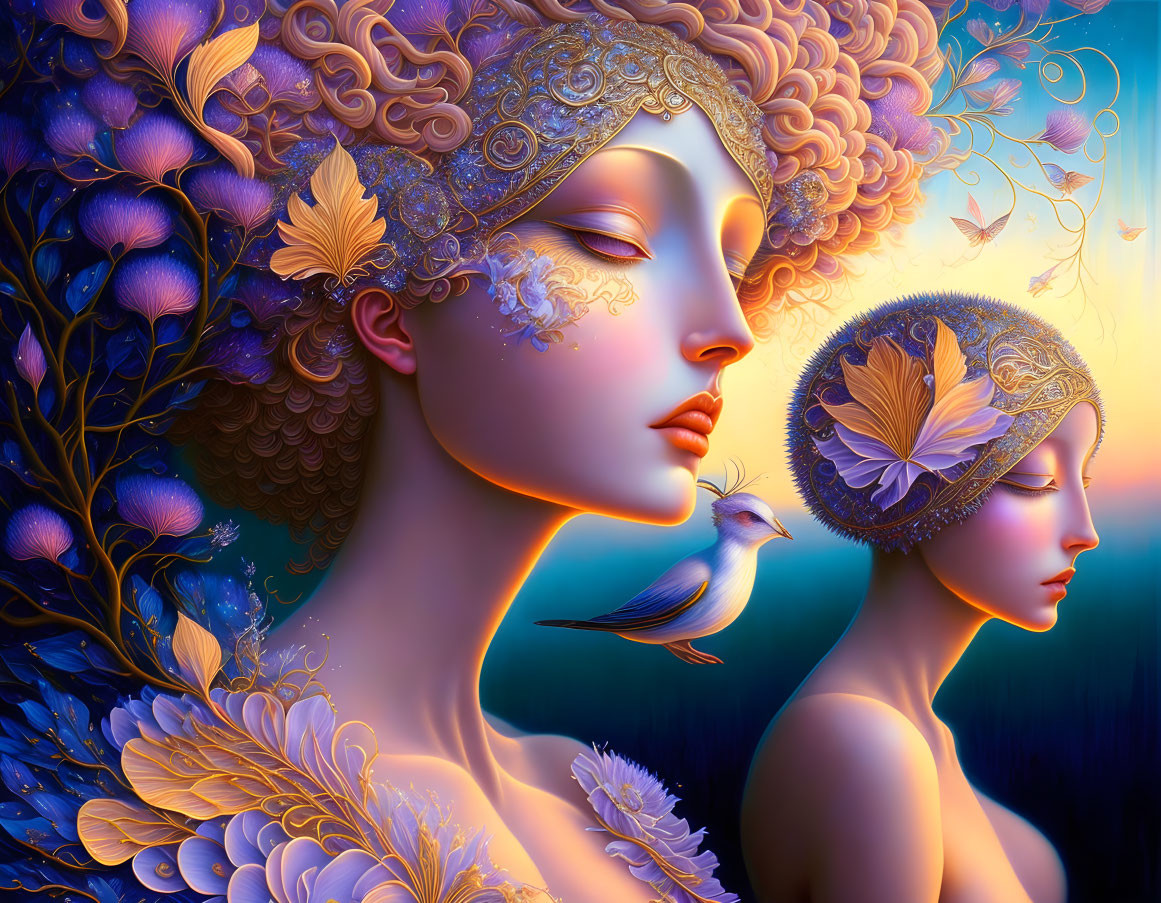 Fantastical artwork of two female figures with ornate headdresses in colorful floral setting