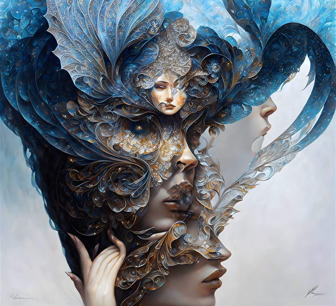 Intricate surreal mask with ornate feather-like details merging into faces.