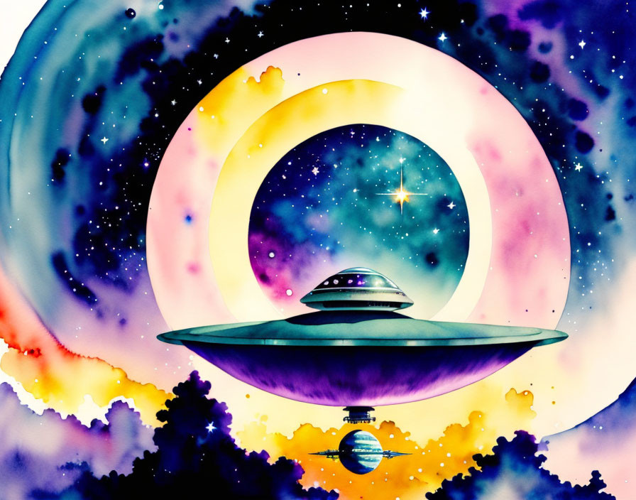Colorful Watercolor UFO in Cosmic Galaxy Scene