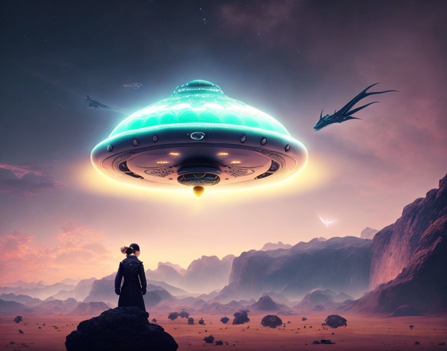 Person on Rock Observing UFO, Dragons in Mystic Desert Landscape