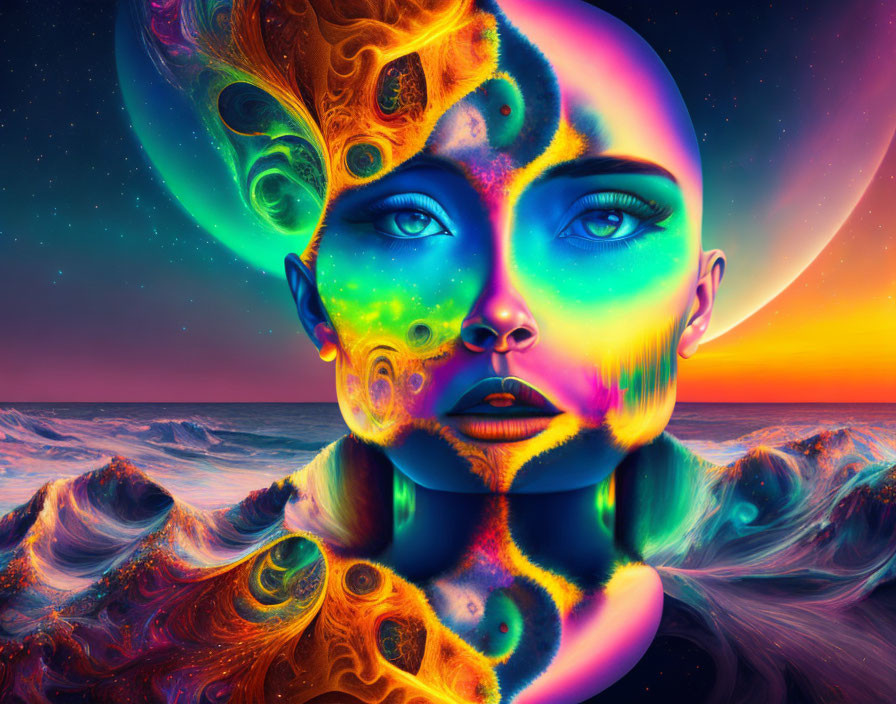 Surreal portrait of woman with cosmic-themed face against ocean waves and sunset sky