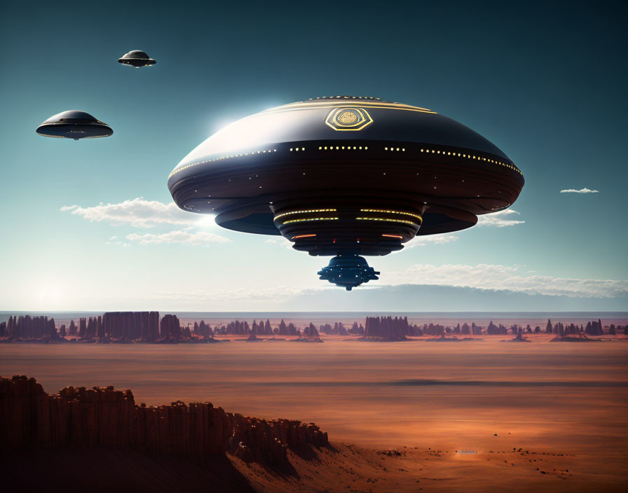 Three UFOs Hovering Above Desert Landscape