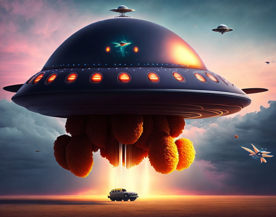 Digital artwork of UFO abducting vintage car at sunset