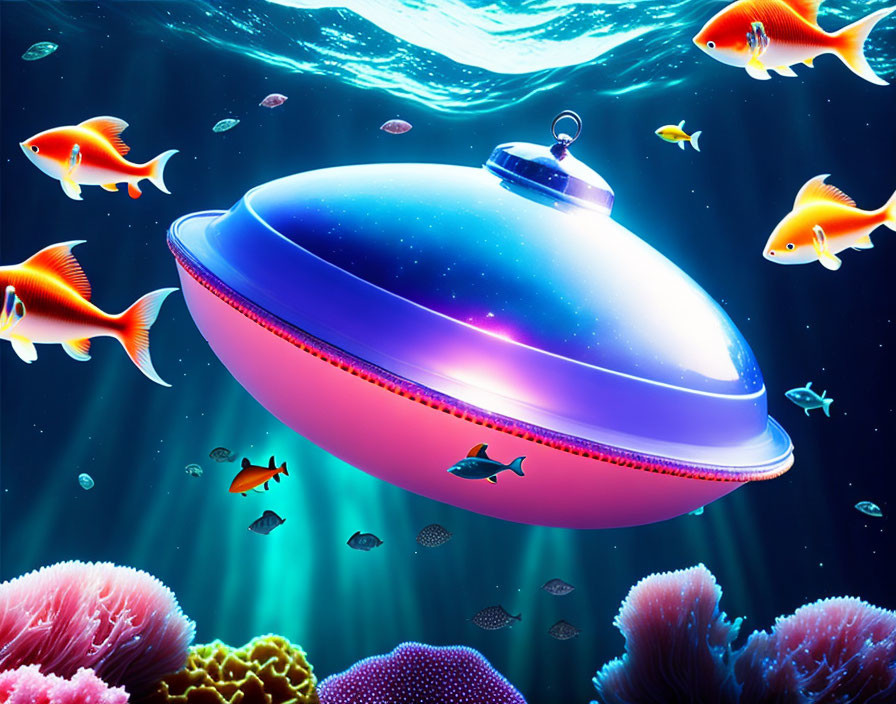 Vibrant futuristic submarine UFO in ocean with fish and coral reefs