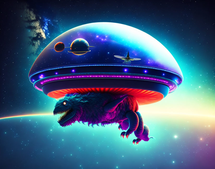 Vibrant alien spaceship turtle in colorful space scene