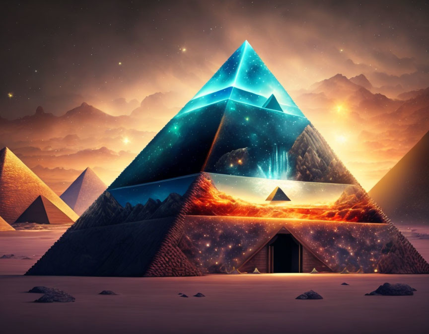 Surreal landscape featuring glowing pyramid sections with cosmic, fiery, and aquatic scenes on a starry