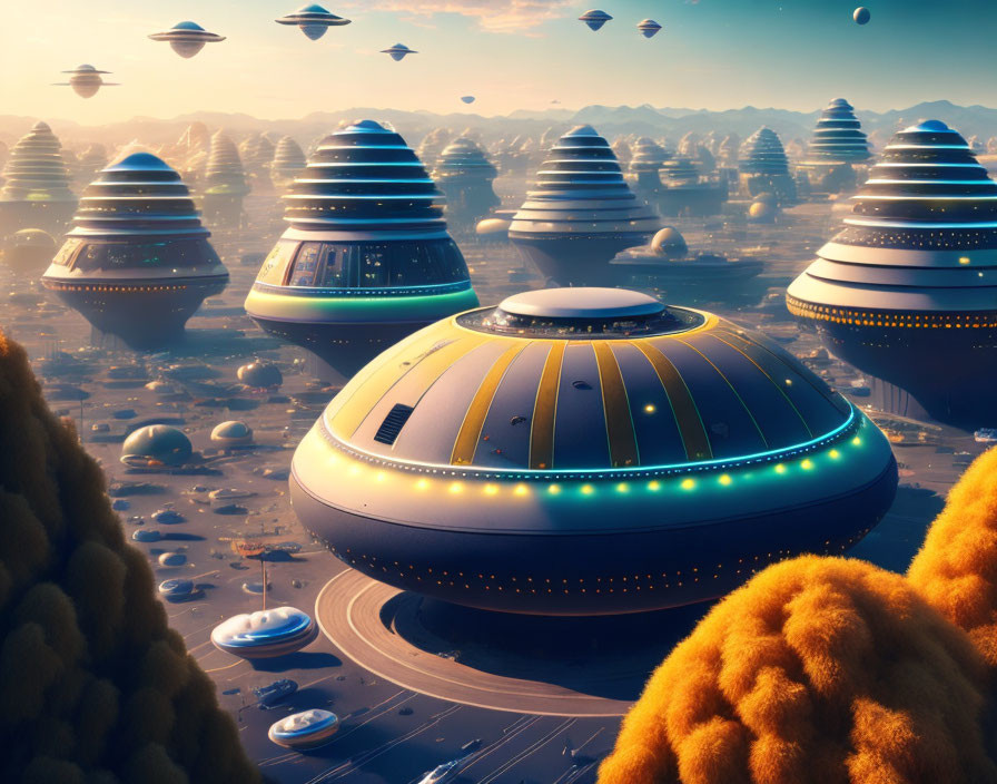 Futuristic cityscape with flying vehicles and dome-shaped buildings in a golden-hued setting