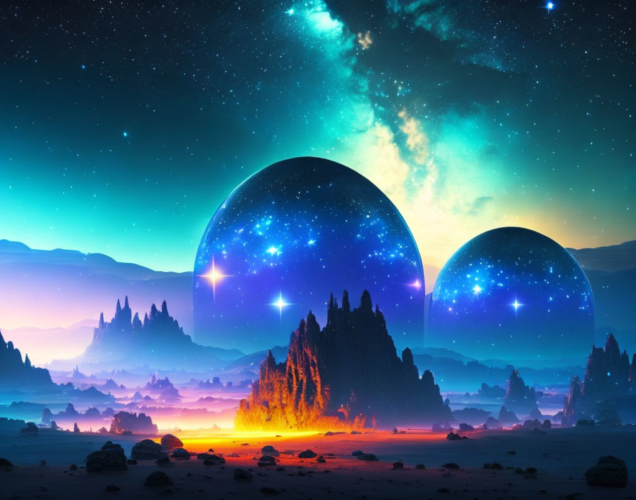 Digital artwork of two spheres reflecting stars in cosmic setting with neon glow.