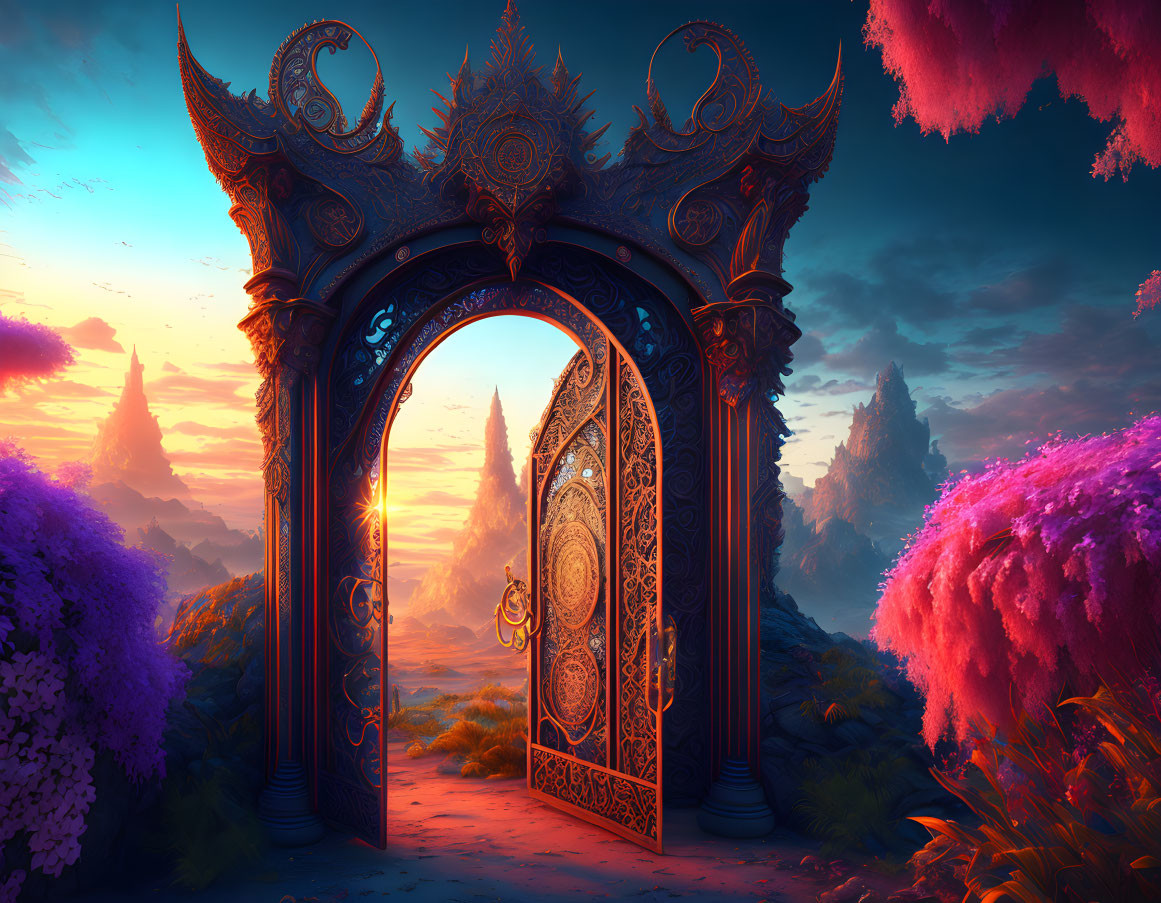 Ornate gate leading to vibrant landscape with pink clouds and lush trees