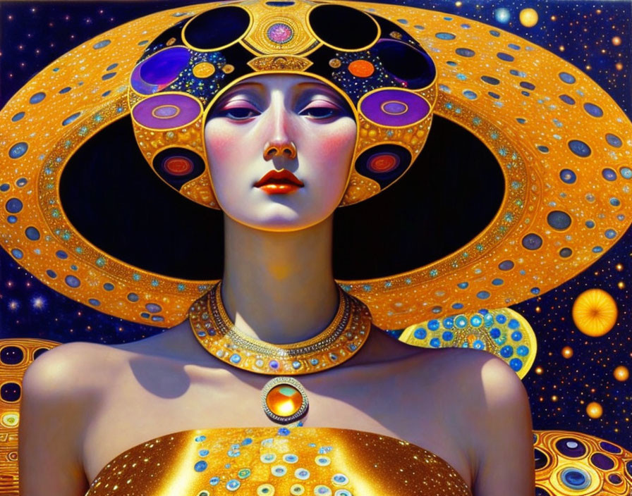 Stylized portrait of woman with cosmic-themed headdress and jewelry
