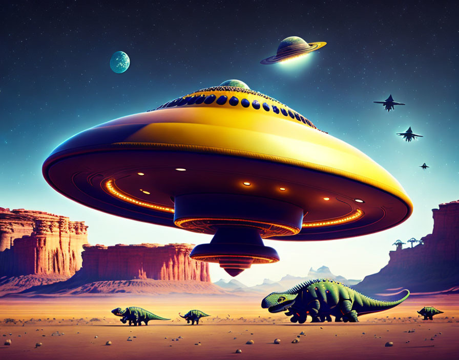 Vibrant sci-fi scene: large UFO, desert, dinosaurs, distant planets