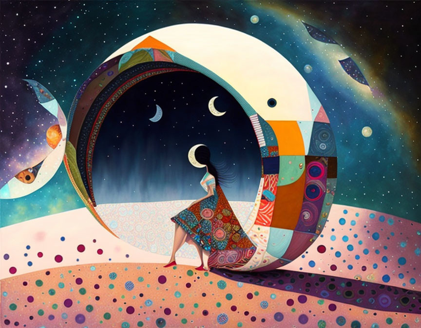 Surreal painting featuring woman in patterned dress near cosmic portal