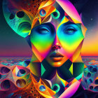 Colorful geometric patterns adorn woman's face in vibrant digital art