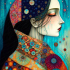 Colorful illustration of woman with intricate patterns and celestial motifs, exuding dreamlike quality