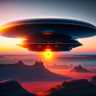 Futuristic sunset landscape with hovering disc-shaped structures