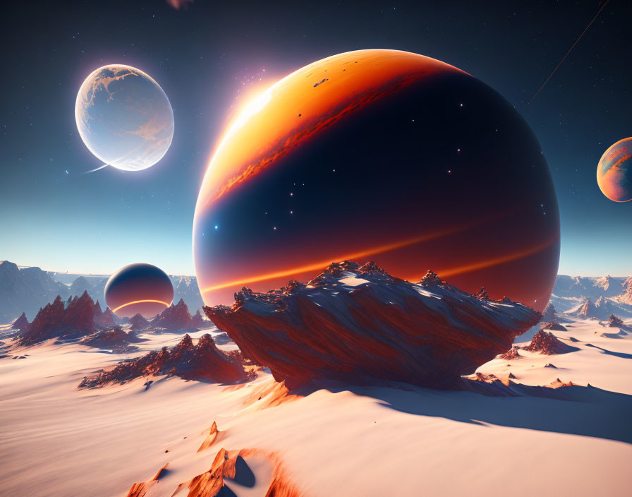 Alien planets and snowy terrain in sci-fi landscape