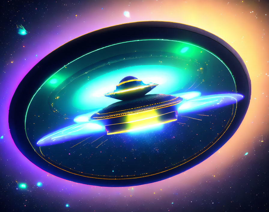 Sci-fi UFO illustration in luminous ring anomaly with stars & nebulae