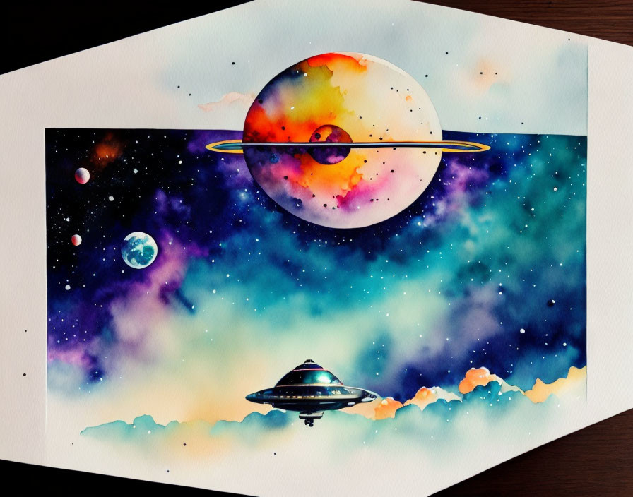 Colorful Watercolor Painting: Space Scene with Planets and UFO