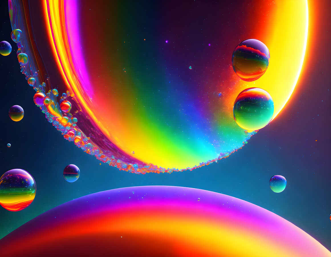 Colorful iridescent bubbles in cosmic backdrop with fluid motion