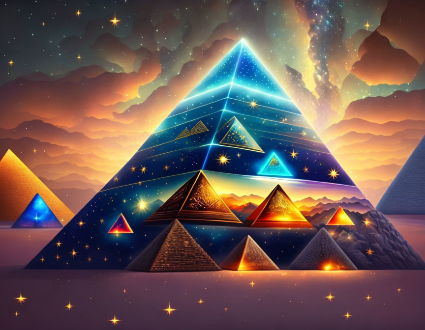 Illustration of pyramids under starry sky with galaxy inside central pyramid