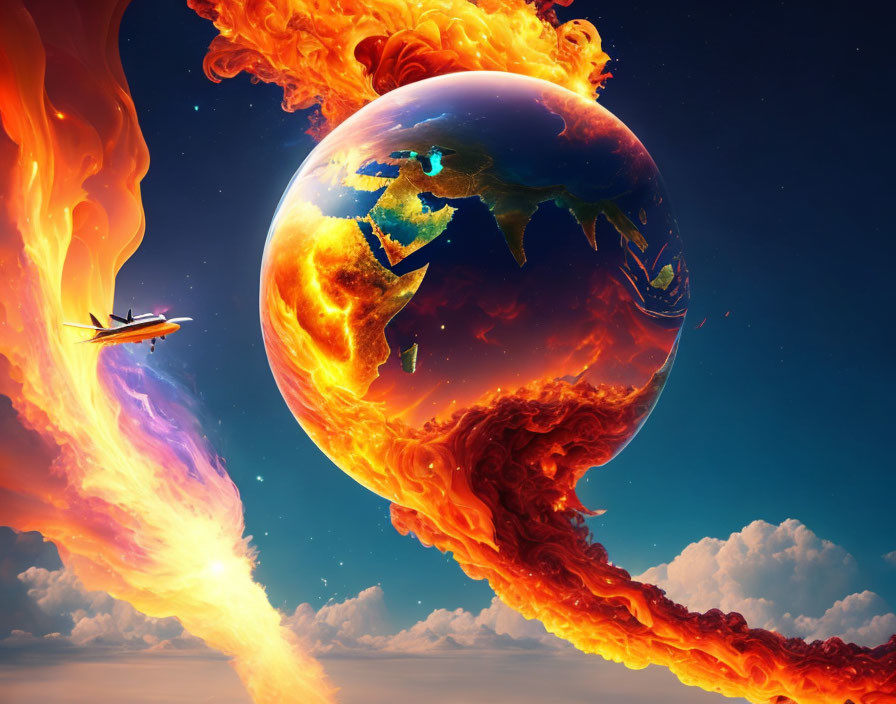 Fantastical image of plane near surreal Earth engulfed in flames