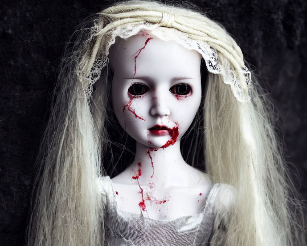 Creepy doll with long blond hair and blood-stained face