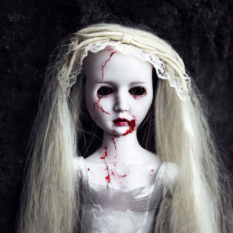 Creepy doll with long blond hair and blood-stained face