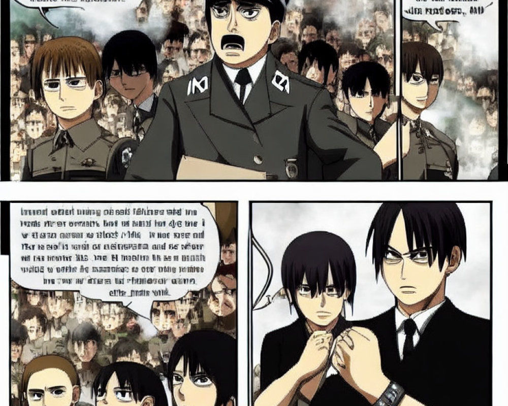 Comic panel collage of uniformed characters with intense expressions and dialogue bubbles