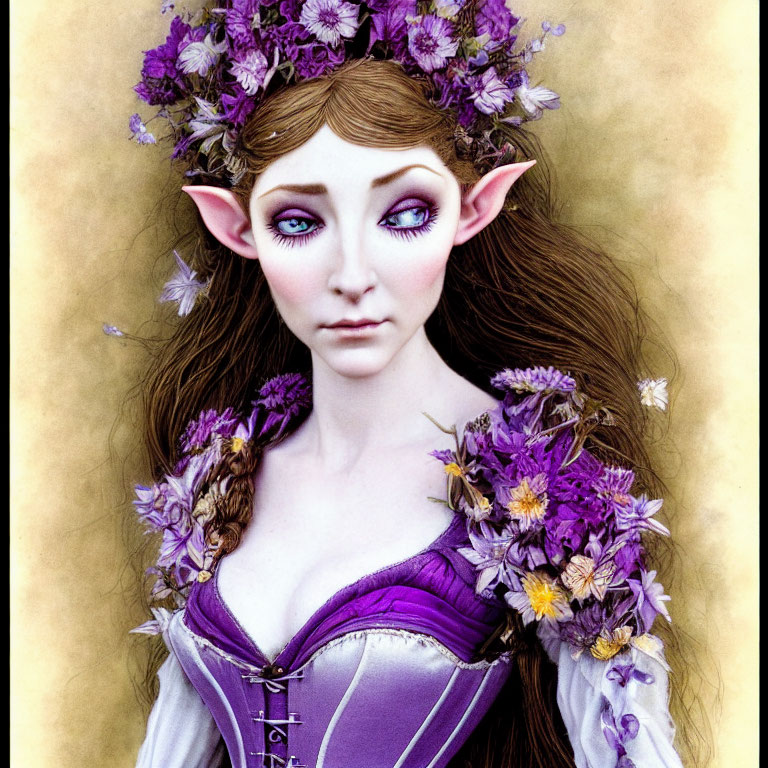 Elf illustration: pointed ears, purple eyes, floral crown, medieval attire with flowers