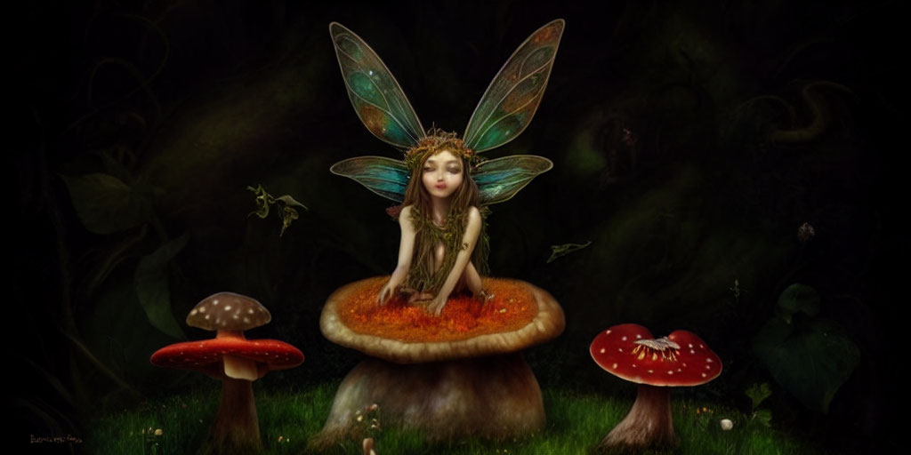 Mystical fairy with delicate wings on large mushroom in enchanting forest