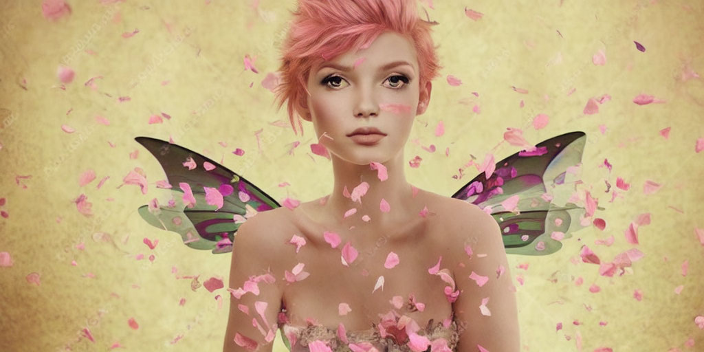 Fantastical portrait of woman with pink hair and butterfly wings in rose petal-filled scene