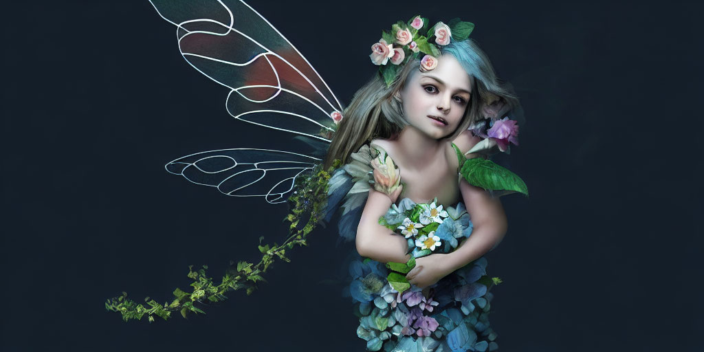 Young girl with fairy wings and floral hair, wearing leafy outfit on dark background