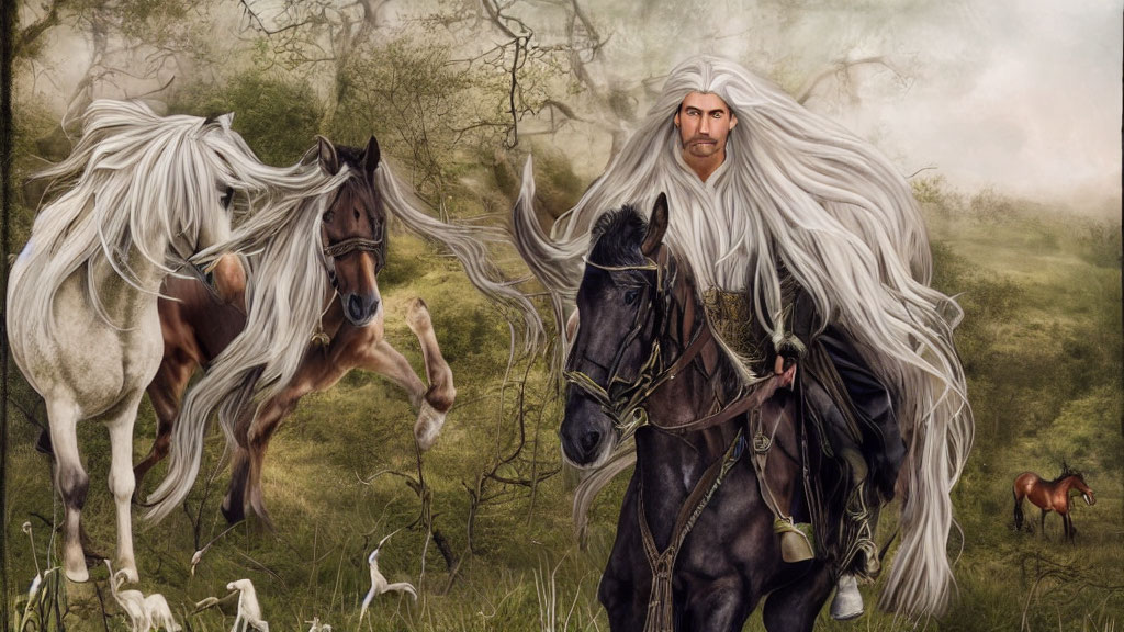 Illustration of man with white hair next to black horse in misty forest.