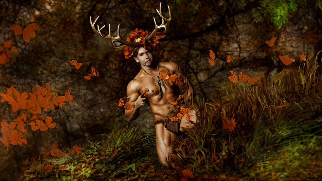Person with Antlers and Autumn Leaves in Hair Standing in Forest with Falling Orange Leaves