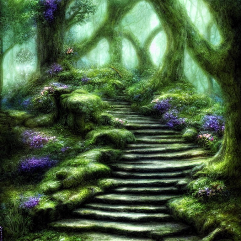 Enchanting forest scene with stone pathway and purple flowers