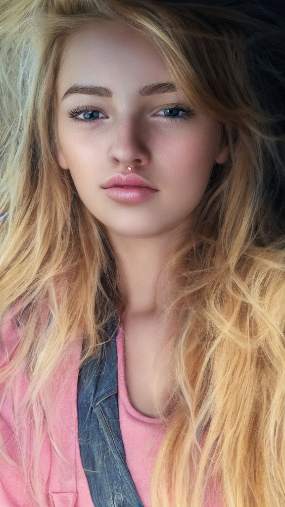 Blonde woman with blue eyes in pink and denim outfit