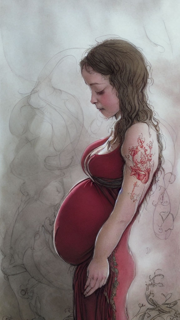 Illustration of pregnant woman in red dress with floral tattoo sleeve