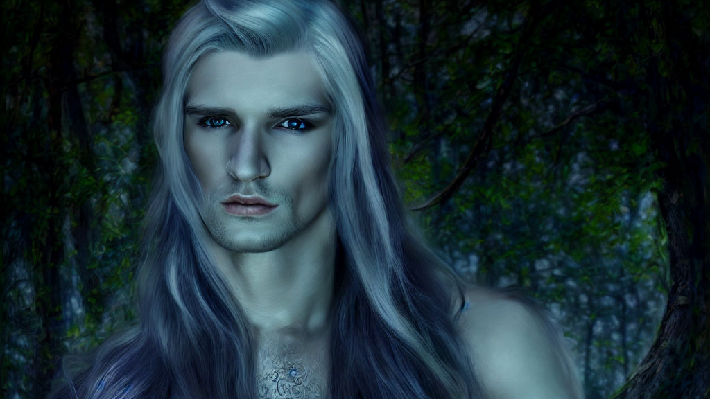 Fantasy Male Figure with Silver Hair and Tattoo in Mystical Forest