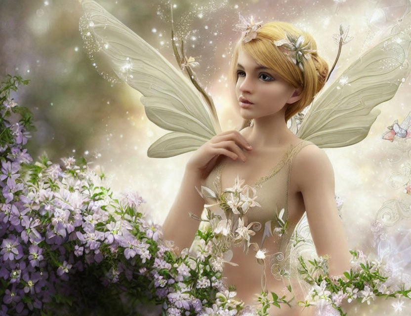 Enchanting fairy with translucent wings in lush floral setting